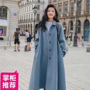 新款新品高端洋气过膝加棉毛呢系带小个子秋冬韩版雾霾蓝大衣外套