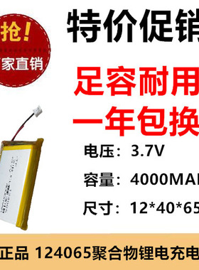124065聚合物锂电池3.7V 4000mah高容量暖手宝智能锁2.0头锂电池