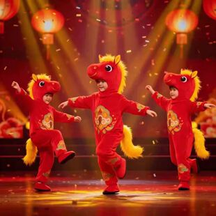 马年喜庆动物演出服小马奔腾舞蹈服装马蹄声声红红火火儿童演出服