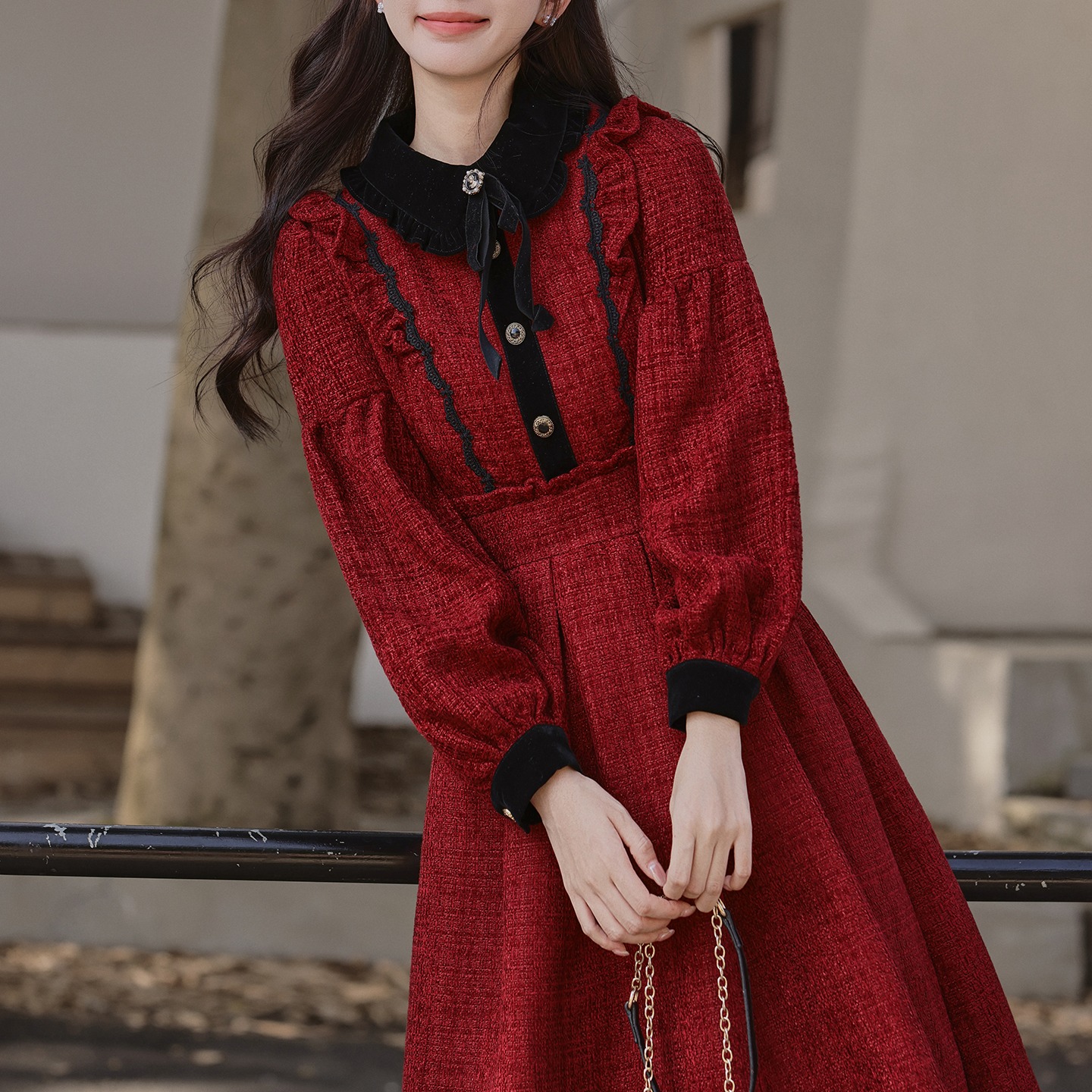 小慧姑娘XXS码小个子红色减龄收腰连衣裙女小香风法式加厚连衣裙