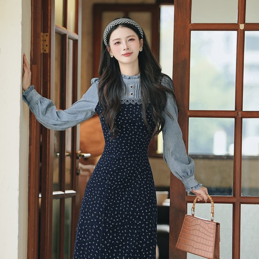 小慧姑娘XXS码小个子法式连衣裙碎花连衣裙海蓝花秋冬假两件裙