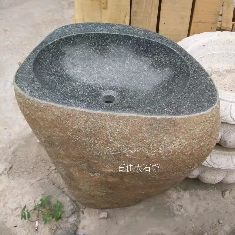 天然青石原石立柱石盆花园景观一体石盆自然面庭院过道实用洗手盆