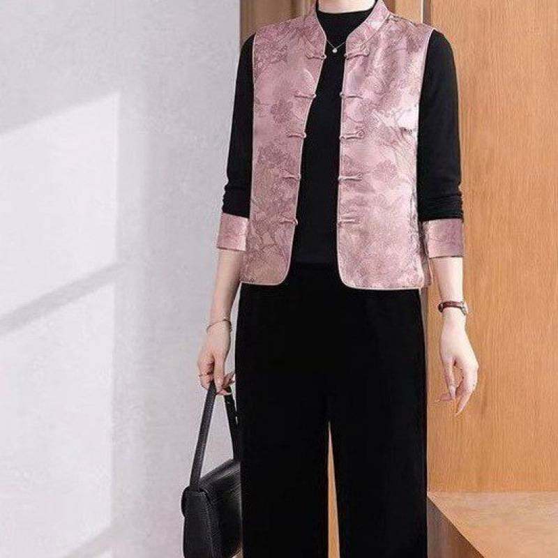 官方新中式妈妈春装盘扣马甲内搭套装中老年女装国风大码金丝绒三