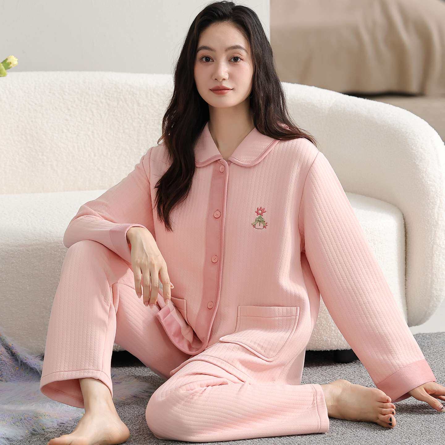 官方款空气棉睡衣女加厚纯棉保暖薄夹棉翻领粉色洋气家居服夹层女
