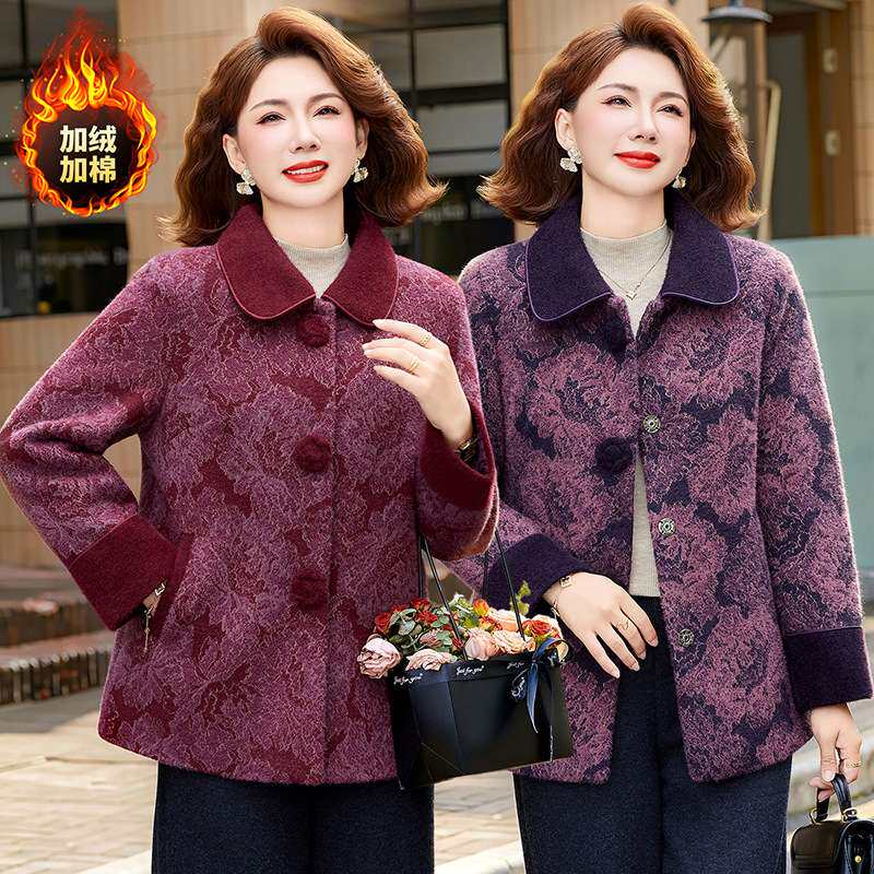 官方妈妈冬装翻领碎花外套中老年人加绒加棉洋气上衣奶奶洋气棉衣