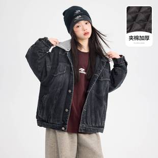 加厚工装 儿童装 夹棉 潮酷可拆卸连帽牛仔棉服2025新款 官方女童冬装