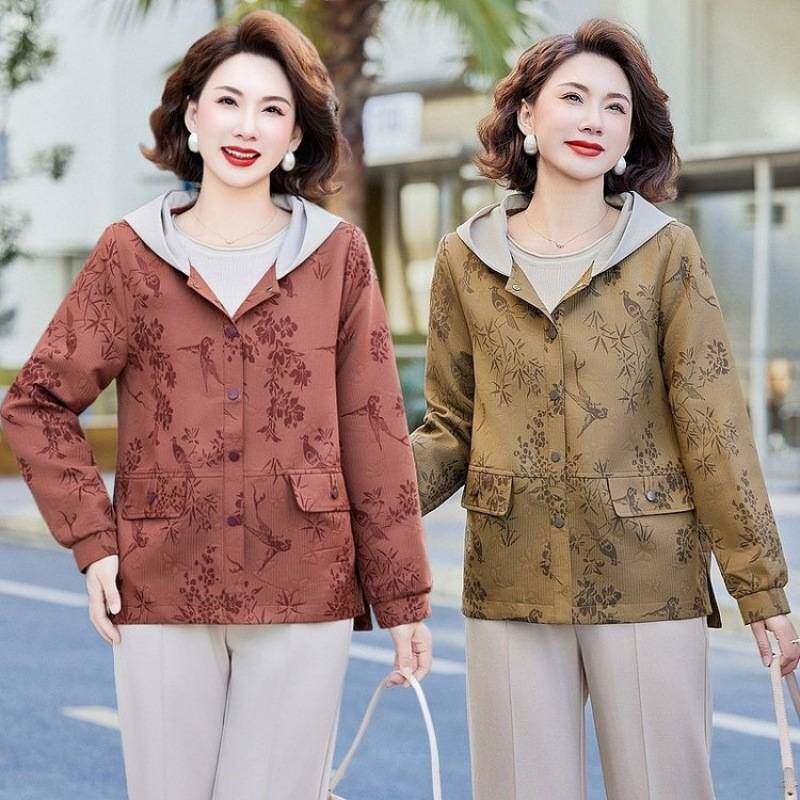 官方妈妈春装时尚连帽夹克外套薄款百搭新款洋气中老年女装春秋款