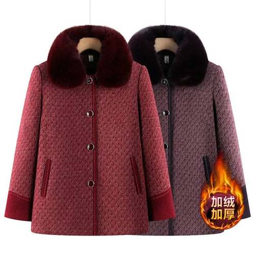 官方中老年人女装加绒加厚毛呢外套老太太衣服洋气带毛领大衣妈妈