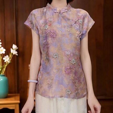 新中式女装短袖立领碎花上衣紫色修身通勤国风复古衬衫