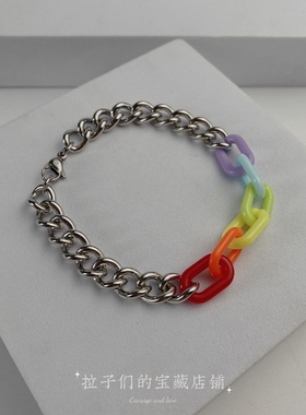六色彩虹钛钢手链手绳情侣不掉色手镯情侣通讯录亚克力