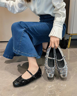 法式仙女风银色亮片玛丽珍鞋女2025年夏季新款配裙子平底一字单鞋