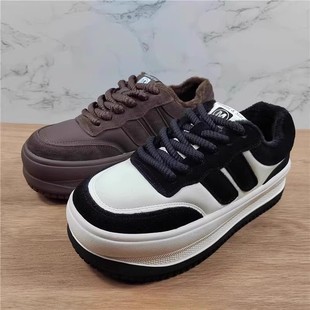 真皮德训鞋 圆头板鞋 女205秋冬季 厚底松糕鞋 加绒保暖单鞋 品牌女鞋