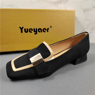 英伦风百搭低跟方头浅口乐福鞋 女2026新款 潮 单鞋 月芽儿羊反绒法式