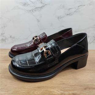 品牌同款真皮女鞋2025春季新款牛漆皮圆头粗跟乐福鞋单鞋40码女鞋