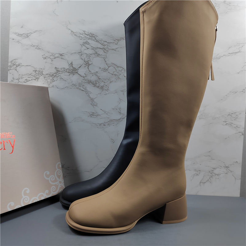 专柜正品真皮粗跟V口长筒骑士靴