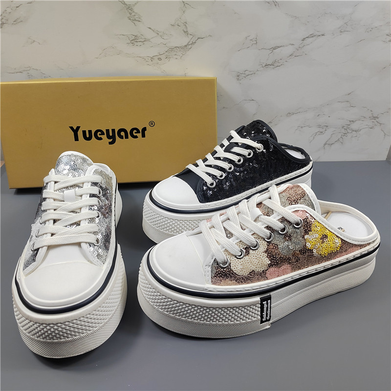 月芽儿厚底百搭半拖鞋女2026新款增高外穿一脚蹬亮片包头凉拖鞋潮