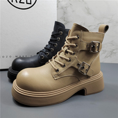 商场撤柜头层牛皮马丁靴女2025秋冬新款 英伦风百搭厚底系带短靴潮