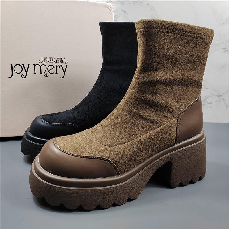 专柜正品羊京绒厚底加绒弹力靴女