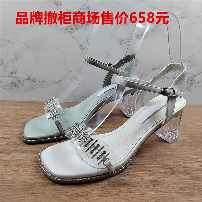 品牌断码透明水钻时装凉鞋女2025夏季新款露趾一字带水晶跟高跟鞋