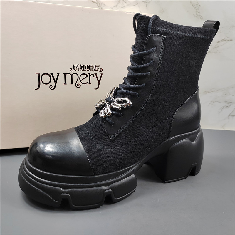 专柜正品胎牛皮粗跟马丁靴女2025秋冬新款时尚百搭增高拼接弹力靴,女鞋,马丁靴,淘宝优惠券,粉丝福利购,淘宝优惠卷