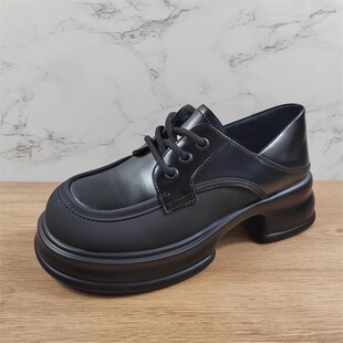 欧货厚底增高系带英伦加绒小皮鞋 子 女复古百搭粗跟真皮乐福鞋