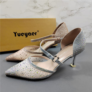 月芽儿高级感水钻网纱高跟鞋女2026新款法式性感浅口细跟尖头单鞋