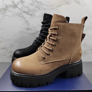 羊皮版~真皮厚底马丁靴女2025冬新款小个子英伦风复古系带短靴潮