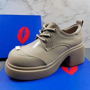 欧货松糕厚底真皮乐福鞋女2026新款英伦风增高系带粗高跟小皮鞋潮