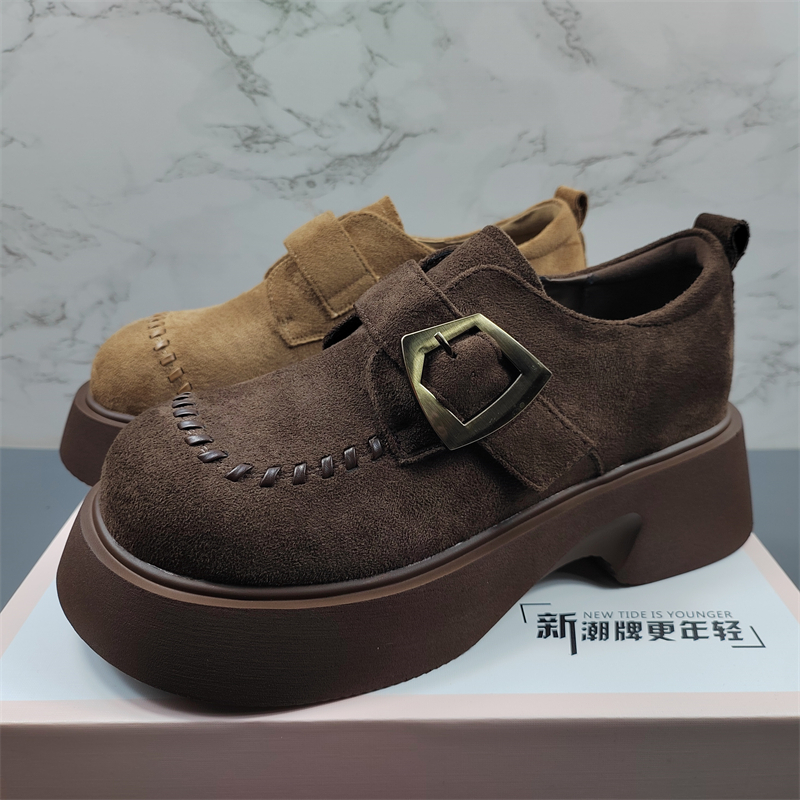 真皮复古勃肯鞋女2025新款厚底百搭休闲乐福鞋英伦风增高小皮鞋潮