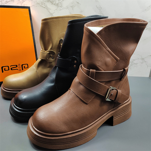 真皮马丁靴女英伦风2025秋冬新款 厚底复古炸街小短靴西部牛仔靴潮