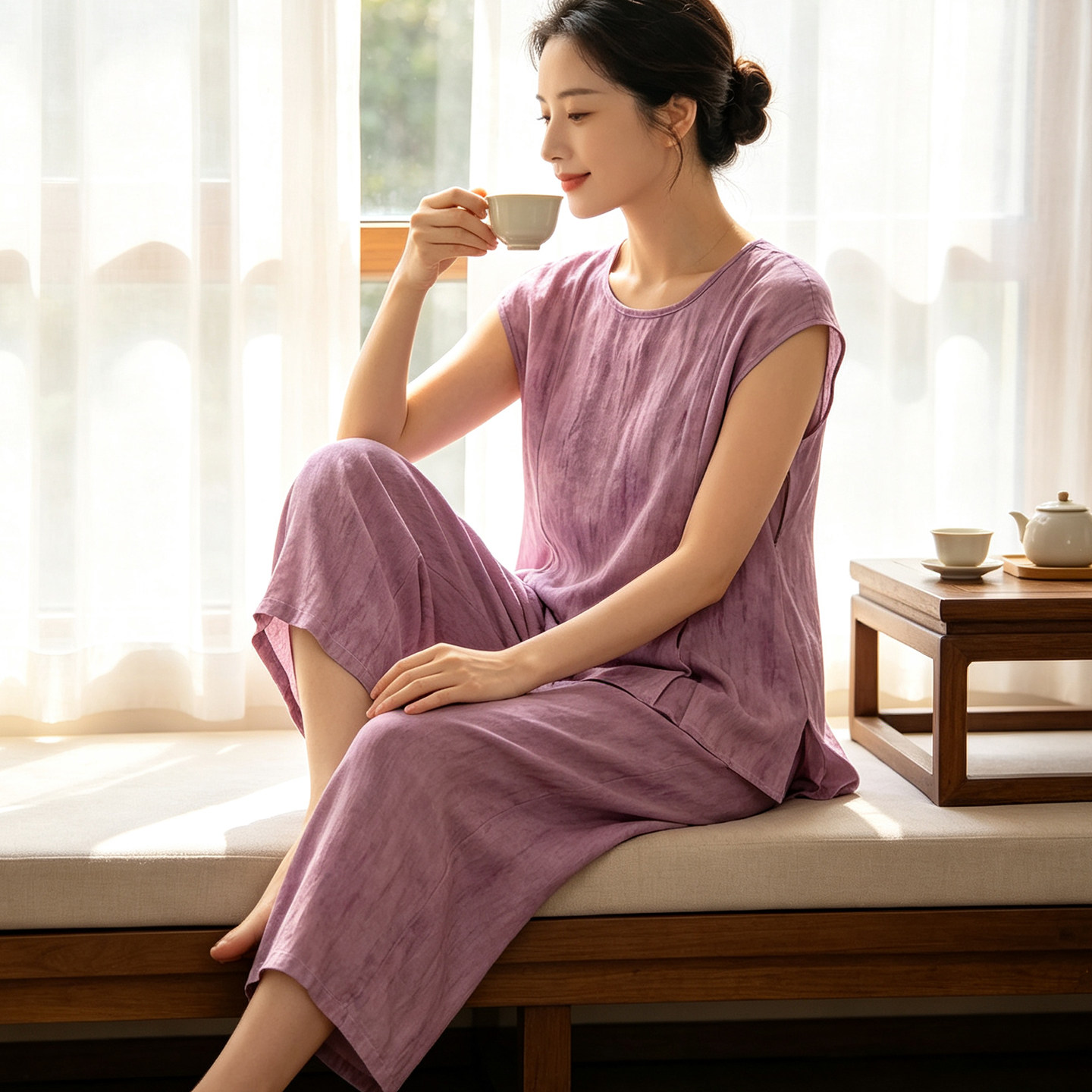 新款夏季棉绸无袖套装女士宽松大码人造棉九分裤两件套居家可外穿