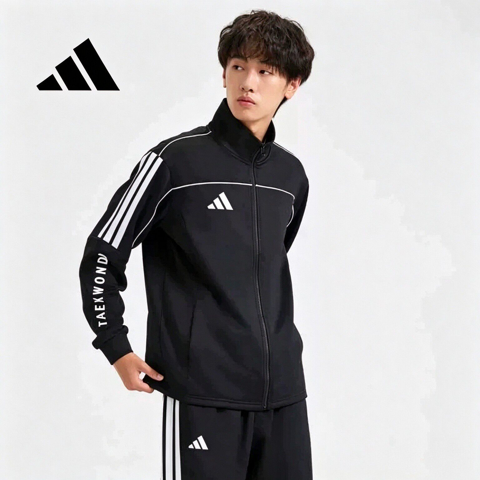 Adidas阿迪达斯运动风立领夹克男黑色三条纹拉链外套秋冬加厚保暖