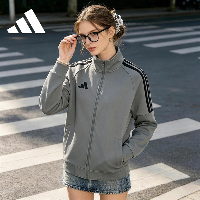 Adidas阿迪达斯撞色条纹夹克女款早秋新款开衫卫衣宽松休闲外套