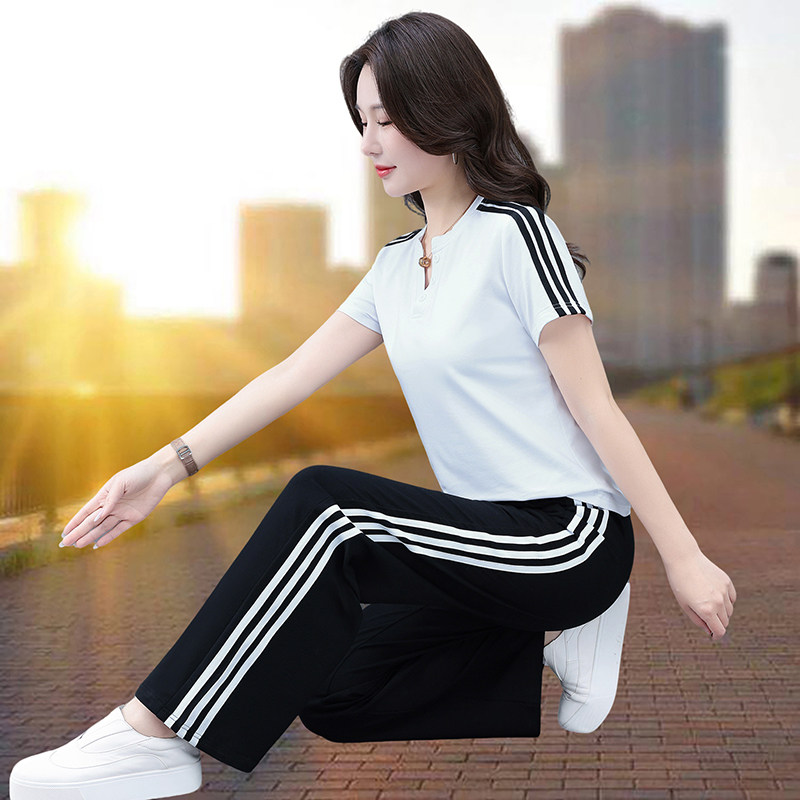 【官方品牌】棉质时尚套装女2026夏季款条纹款套装短袖长裤两件套