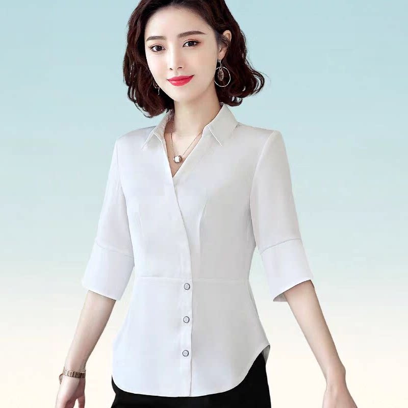 【官方品牌】白色七分袖衬衫女士2026夏季新款休闲风V领透气衬衣