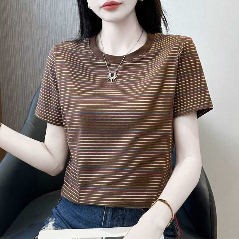 【官方品牌】女款2026夏季新款条纹短袖T恤休闲圆领体恤纯棉透气
