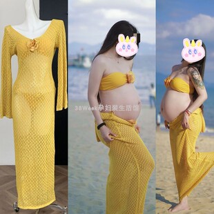 海边比基尼沙滩度假孕期拍照写真黄色沙滩长裙三件套出片孕妇泳衣