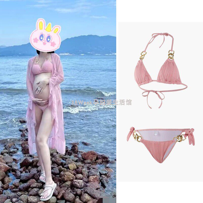 孕妇三件套性感比基尼长裙罩衫防晒海边沙滩度假泳衣女分体纯欲夏