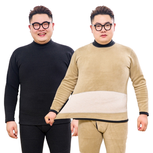 雅鹿中领加绒保暖内衣男羊毛贴片大码胖子套装加厚加肥加大半高领