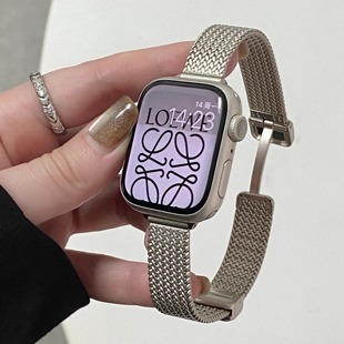 适用iwatch苹果手表带金属麦穗纹小蛮腰夏天透气applewatch表链