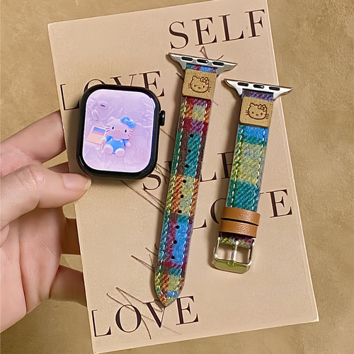 适用iwatch彩虹格纹KT猫皮表带