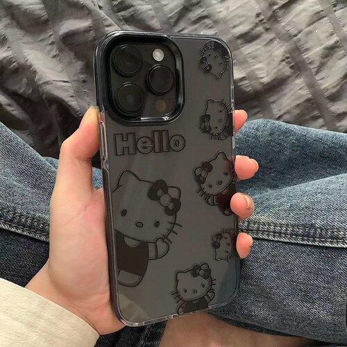 黑色线条Hello Kitty适用iPhone15ProMax手机壳卡通凯蒂猫苹果14透明黑边防摔条xr/11硅胶软壳