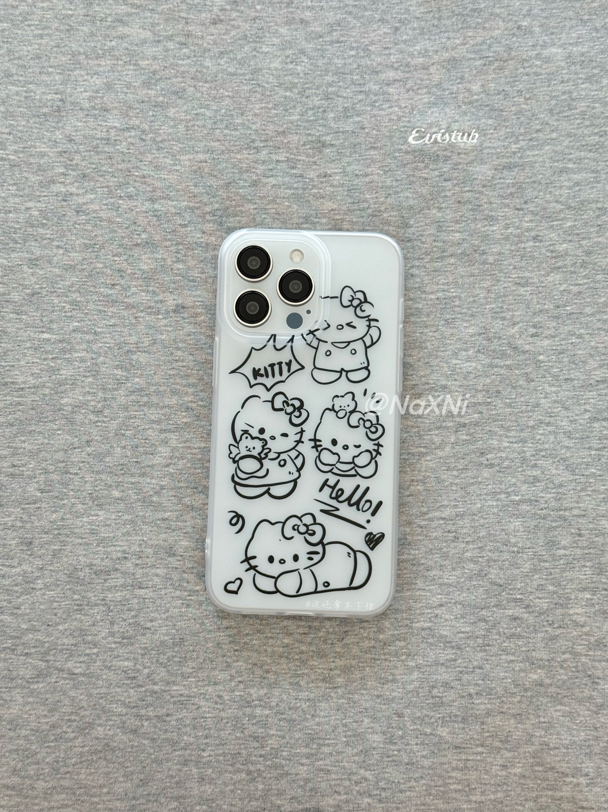 可爱黑色线条Kitty适用iPhone15promax手机壳新款ins风卡通凯蒂猫苹果14Pro大孔全包11/x r小众透明硅胶软壳