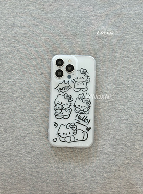 可爱黑色线条Kitty适用iPhone15promax手机壳新款ins风卡通凯蒂猫苹果14Pro大孔全包11/x r小众透明硅胶软壳