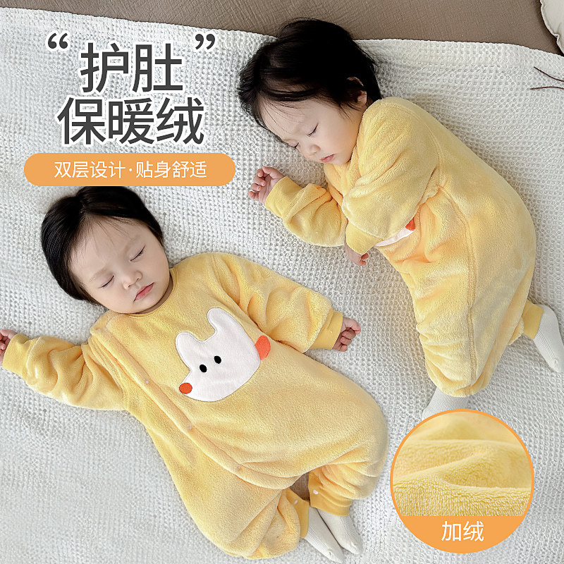 婴儿珊瑚绒睡衣秋冬款加厚连体衣服女宝宝冬季保暖内衣法兰绒冬装