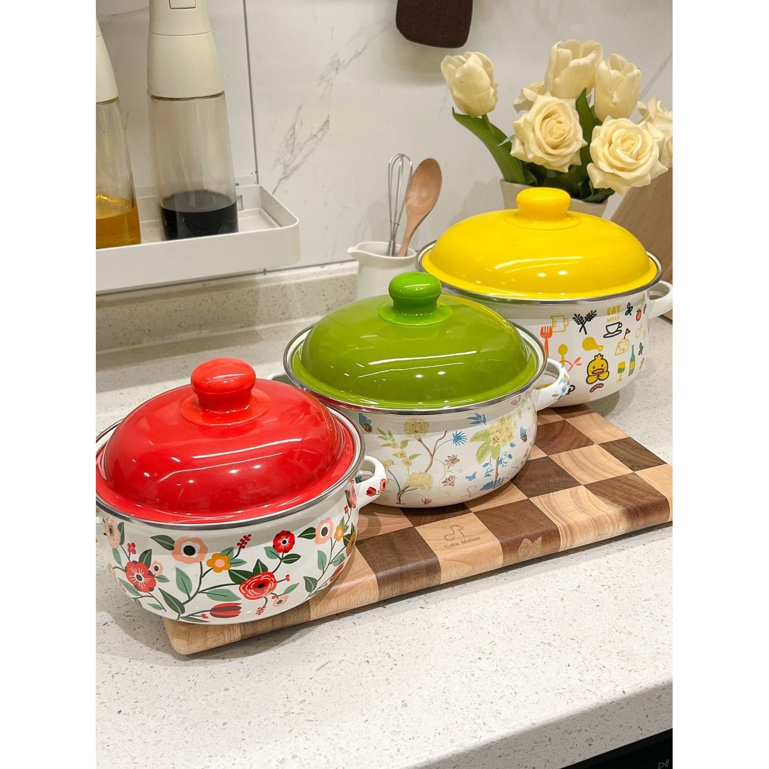 珐琅搪瓷三件套加厚双耳带盖汤锅宝妈辅食泡面锅平底汤锅搪瓷厨具