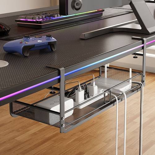 桌下挂篮置物架免打孔理线器电线插座电脑桌底整理架路由器收纳架