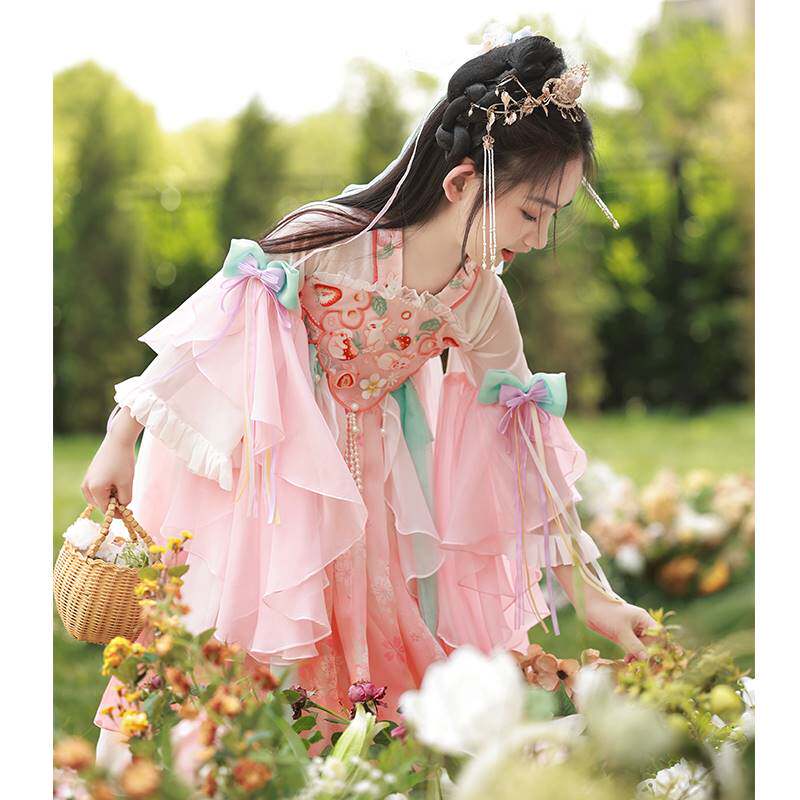 粉色汉服女童仙女2024新款古风连衣裙小女孩唐装儿童古装超仙春秋