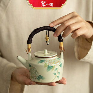 汝窑米黄开片提梁壶绣球花茶壶泡茶壶陶瓷茶具家用功夫茶具