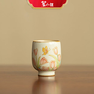 景德镇仿宋白汝窑猪油冻茶杯主人杯客杯精致郁金香品茗杯陶瓷茶具